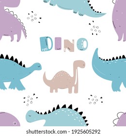 Vector hand-drawn colored seamless repeating children pattern with cute dinosaurs in Scandinavian style on a white background. Baby pattern with dinosaurs. Cute baby animals.