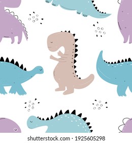 Vector hand-drawn colored seamless repeating children pattern with cute dinosaurs in Scandinavian style on a white background. Baby pattern with dinosaurs. Cute baby animals.