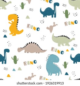 Vector hand-drawn colored seamless repeating childrens pattern with cute dinosaurs and cacti in Scandinavian style on white background. Children's pattern with dinosaurs. Cute baby animals. Dino.