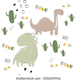 Vector hand-drawn colored seamless repeating childrens pattern with cute dinosaurs and cacti in Scandinavian style on white background. Children's pattern with dinosaurs. Cute baby animals. Wallpaper.