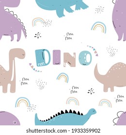 Vector hand-drawn colored seamless repeating children pattern with cute dinosaurs, rainbow in Scandinavian style on a white background. Baby pattern with dinosaurs. Cute baby animals.