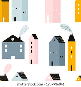 Vector hand-drawn colored seamless repeating childish simple pattern with cute houses in Scandinavian style on a white background. Childish seamless pattern with houses. City. Houses. Architecture.