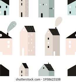 Vector hand-drawn colored seamless repeating childish simple pattern with cute houses in Scandinavian style on a white background. Childish seamless pattern with houses. City. Houses. Architecture.