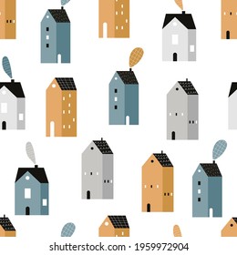 Vector hand-drawn colored seamless repeating childish simple pattern with cute houses in Scandinavian style on a white background. Childish seamless pattern with houses. City. Houses. Architecture.