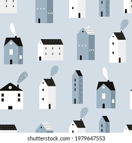 Vector hand-drawn colored seamless repeating childish simple pattern with cute houses in Scandinavian style on a blue background. Childish seamless pattern with houses. City. Houses. Architecture.