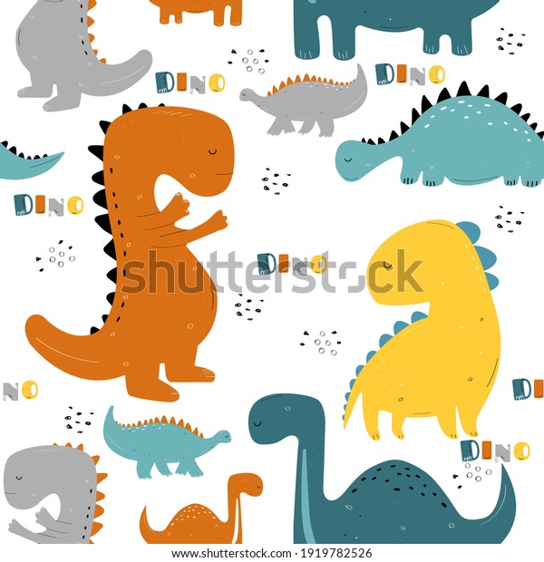 Vector hand-drawn colored seamless repeating\
children pattern with cute dinosaurs, plants and doodles in\
Scandinavian style on a white background. Baby pattern with\
dinosaurs. Cute baby\
animals.