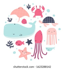 Vector hand-drawn colored children’s set with cute Scandinavian-style water inhabitants on a white background. Cute baby animals. Whale, crab, turtle, octopus, stingray, jellyfish. Underwater life. 