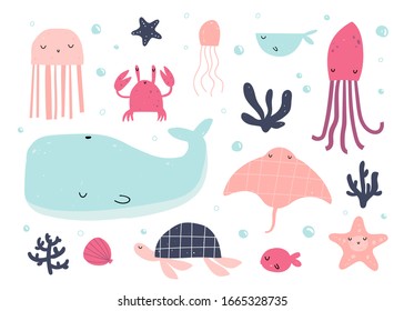 Vector hand-drawn colored children’s set with cute Scandinavian-style water inhabitants on a white background. Cute baby animals. Whale, crab, turtle, octopus, stingray, jellyfish. Underwater life