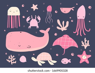 Vector hand-drawn colored children’s set with cute Scandinavian-style water inhabitants on a blue background. Cute baby animals. Whale, crab, turtle, octopus, stingray, jellyfish. Underwater life