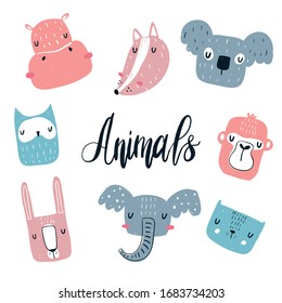 Vector hand-drawn colored children’s set with cute animals in Scandinavian style on a white background. Scandinavian children's set with animals. Children's print. Isolated objects on white.
