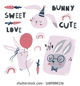 Vector hand-drawn colored children’s set with cute bunnies, carrots and a rainbow in the Scandinavian style on a white background. Cute baby animals. Festive children's set with bunnies.