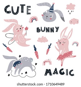 Vector hand-drawn colored children’s set with cute bunnies, carrots and a rainbow in the Scandinavian style on a white background. Cute baby animals. Vector children's set with bunnies.
