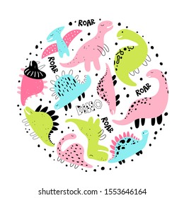 Vector hand-drawn colored set with dinosaurs in scandinavian style. Vector kids set with cute dinosaurs on a white background. Isolated objects. Vector stock illustration.