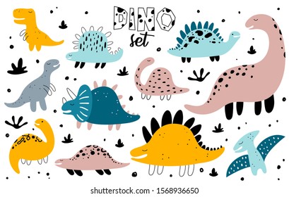 Vector hand-drawn colored set with dinosaurs in scandinavian style. Vector kids set with cute dinosaurs on a white background. Isolated objects. Vector stock illustration.