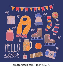 Vector hand-drawn colored set with winter things and objects and hand lettering Hello winter
