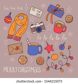 Vector hand-drawn colored set with winter things and objects and lettering Merry Christmas
