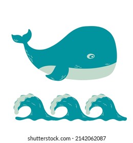 Vector hand-drawn colored simple flat whale and waves in green colors on a white background. Cute animals for print.
