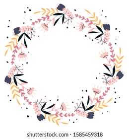 Vector hand-drawn colored stained wreath of different flowers, herbs and plants on a white background. Folk wreath of flowers. Greeting card, invitation, congratulation with flowers. Floral design.