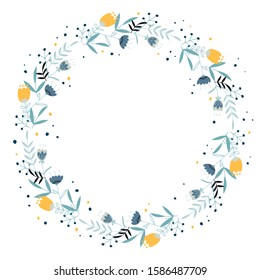 Vector hand-drawn colored stained wreath of different flowers, herbs and plants on a white background. Folk wreath of flowers. Greeting card, invitation, congratulation with flowers. Floral design.
