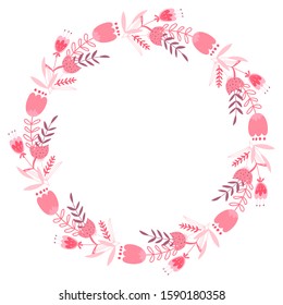 Vector hand-drawn colored stained wreath of different flowers, herbs and plants on a white background. Folk wreath of flowers. Greeting card, invitation, congratulation with flowers. Floral design.