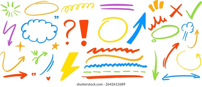 Vector hand-drawn colorful arrows, symbols, check marks, speech bubbles and underline doodles on transparent background. Fun sketch elements for note taking or infographic design - Powered by Shutterstock - Get 15% off with code: PIKWIZARD15