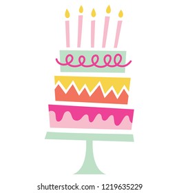 Vector hand-drawn colorful birthday cake party with candles illustration.  Hand-illustrated whimsical or quirky celebration cut file isolated on a white background.