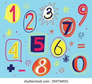 Vector hand-drawn colorful cartoon numbers 