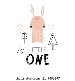 Vector hand-drawn colorful childrens illustration with cute bunny and trees on a white background. Creative scandinavian forest card, poster, print for kids. Cute animals. Trendy kids character.