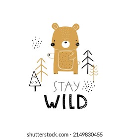 Vector hand-drawn colorful childrens illustration with cute bear and trees on a white background. Creative scandinavian forest card, poster, print for kids. Cute animals. Trendy kids character.