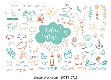 Vector hand-drawn coloured outline clipart on sea / ocean / summer theme. Doodle elements are perfect for invitation, poster, mug, bag, card or t-shirt design. Cute illustrations.