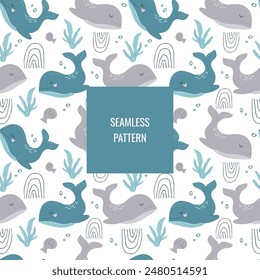 Vector hand-drawn colourful children's seamless repeating pattern with Scandinavian-style whales on a white background. Cute baby animals.