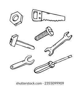 Vector handdrawn construction tools: saw, hammer, screws, screwdriver, nut, wrench. Great element for design.