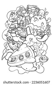 Vector hand-drawn contour illustration on a space theme. Doodle art with funny cartoon characters and details.