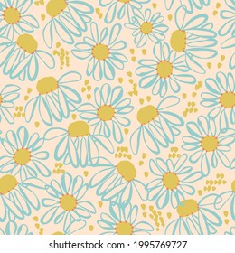 Vector hand-drawn Cosmos flower and brush stroke illustration motif seamless repeat pattern retro artwork digital file home decor print fashion fabric textile 