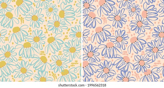 Vector Hand-drawn Cosmos Flower And Brush Stroke Illustration Motif Seamless Repeat Pattern Collection Set 2 Color Ways Retro Artwork Digital File Home Decor Print Fashion Fabric Textile