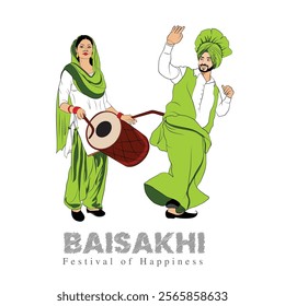 A Vector hand-drawn couple dance, An illustration of Baisakhi celebration, wife and husband performing Bhangra dance on Baisakhi occasion