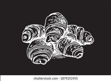 Vector hand-drawn croissants isolated on black background,food illustration