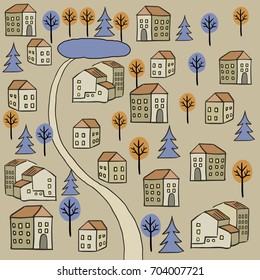 Vector hand-drawn cute beige pattern with small town, lake, houses and trees.