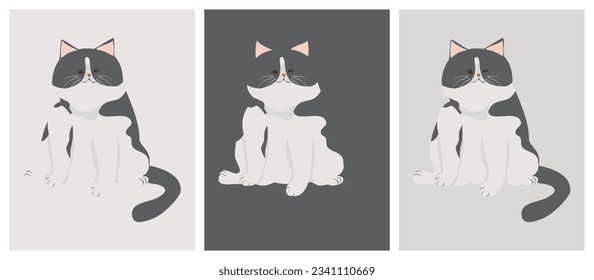 Vector hand-drawn cute bicolor cat illustration pop style design in the frame.