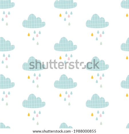 Vector. Hand-drawn cute clouds and raindrops. Seamless pattern. Children's wallpaper, printing on fabric, gift paper.