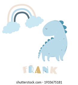 
Un bonito dinosaurio Frank dibujado a mano por vectores. Afiche de nubes dibujadas a mano y niños con arco iris. La decoración de las paredes.