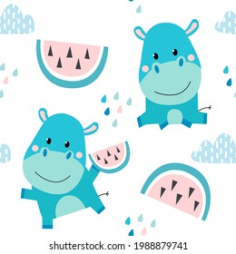 Vector. Hand-drawn cute hippopotamus pattern. A hippopotamus is holding a watermelon. The hippopotamus is sitting. Cute hippo. Baby design, baby wallpaper, seamless pattern. Kawaii animals.