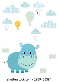 Vector. Ilustración atractiva a mano con hipopótamo. Un hipopótamo en el prado. Nubes y globos en el fondo. Nubes y gotas de lluvia. Papel tapiz infantil.