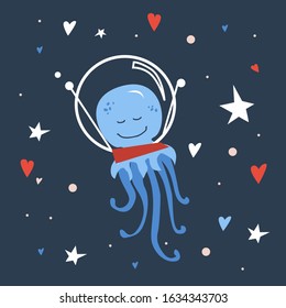 Vector handdrawn cute illustration of jellyfish in the space helmet on the starry sky. Concept for kids design, cute cartoon character for room poster. Funny sea creature in space as cosmonaut