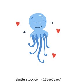 Vector handdrawn cute illustration of jellyfish on the white background. Concept for kids design, cute cartoon character for children room poster. Funny sea creature with hearts and stars