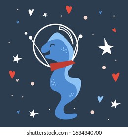 Vector handdrawn cute illustration of moray in the space helmet on the starry sky. Concept for kids design, cute cartoon character for children room poster. Funny sea creature in space as cosmonaut