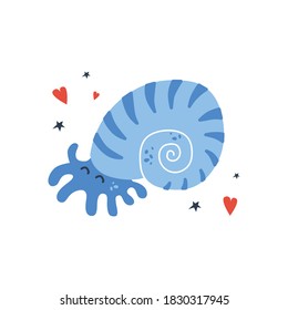 Vector handdrawn cute illustration of Nautilus or mollusc in shell on white background with hearts and stars. Concept for kids design, cute cartoon character for children poster. Funny sea creature