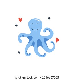 Vector handdrawn cute illustration of octopus on the white background. Concept for kids design, cute cartoon character for children room poster. Funny sea creature with hearts and stars