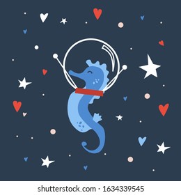 Vector handdrawn cute illustration of seahorse in the space helmet on the starry sky. Concept for kids design, cute cartoon character for children room poster. Funny sea creature in space as cosmonaut