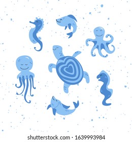 Vector handdrawn cute illustration set of moray, fishes, turtle, octopus, seahorse and jellyfish. Concept for kids design, cute cartoon character for poster. Funny sea creature on speckles background